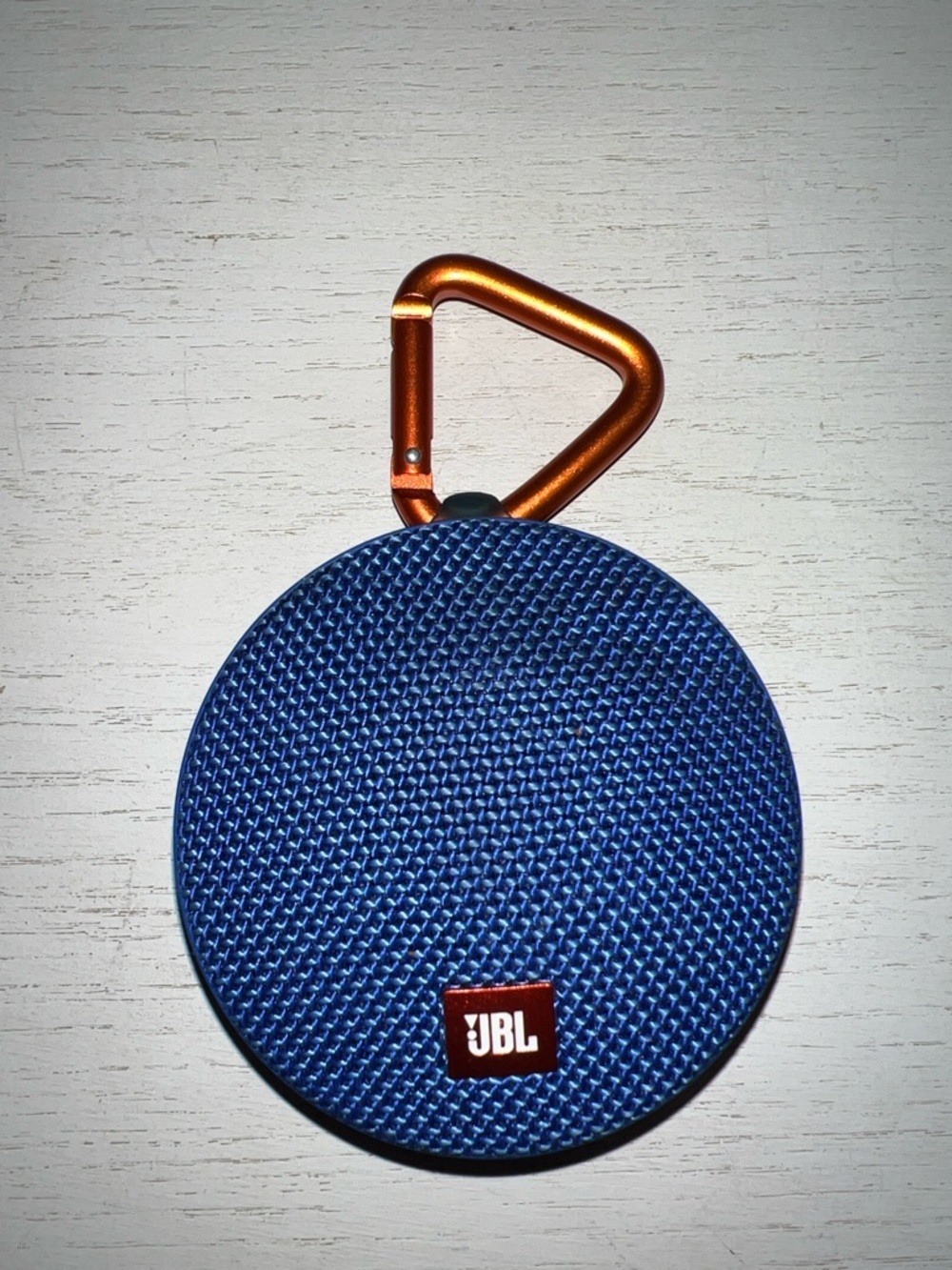 JBL Clip 2 Portable Bluetooth Speaker in Blue with Orange Carabiner
